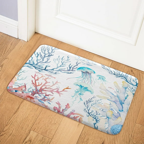 Beach Ocean Bath Rugs, Coral Nautical Bath Mat for Bathroom, Summer Coastal Kitchen Rugs Shower Bathtub Doormats 17X29in