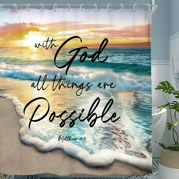 Beach Ocean Bible Verse Shower Curtain Sunrise Sunset Inspirational Scripture Christian 72Wx72H Inch Summer Coastal Seaside Seascape Fabric Decor Bathroom Polyester Waterproof 12 Pack Hooks