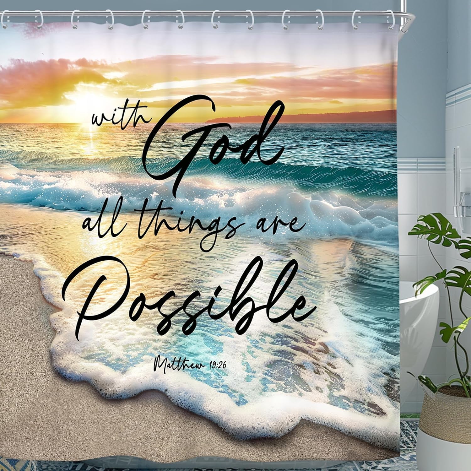 Beach Ocean Bible Verse Shower Curtain Sunrise Sunset Inspirational Scripture Quotes Inch Summer Coastal Seaside Seascape Fabric Decor Bathroom Polyester Waterproof 12 Pack Hooks