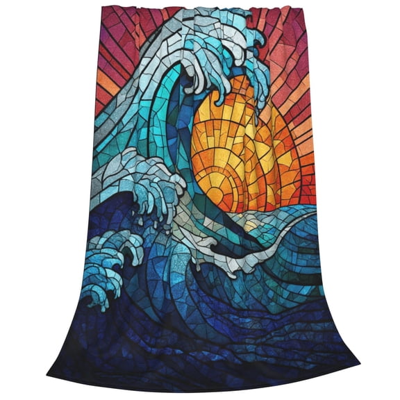 Beach Ocean Blanket, Stained Glass Ocean Wave Flannel Fleece Throw, Perfect Gift Idea For Living Room 50x40