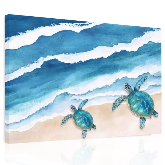 Beach Ocean Canvas Print Wall Art, Blue Waves Abstract Turtle Wall Decor Modern Artwork Paintings Pictures for Living Room Framed and Stretched Ready to Hang, 24" x 32"