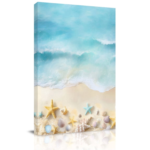 Beach Ocean Canvas Wall Art for Living Room, Abstract Gradient Teal Ocean Colorful Sea Star Shells Poster Print Painting for Bedroom Office Home Decoration Wall Pictures Prepare To Hang 12"x18"