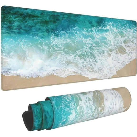 Beach Ocean Coastal Extended Mouse Pad 31.5x11.8 Inch Sea Wave Cool Summer XL Non-Slip Rubber Base Large Teal Blue Green Mousepad Stitched Edges Keyboard Mouse Mat Desk Pad for Office Home Game