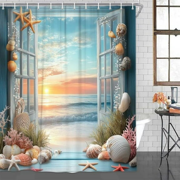 Beach Ocean Coastal Shower Curtain, Seaside Ocean Shower Curtain Set Ocean Starfish Shell Shower Curtain, Summer Ocean Shower Curtain Waterproof Seaside Sunrise Bath Curtain, 72X72 Inch