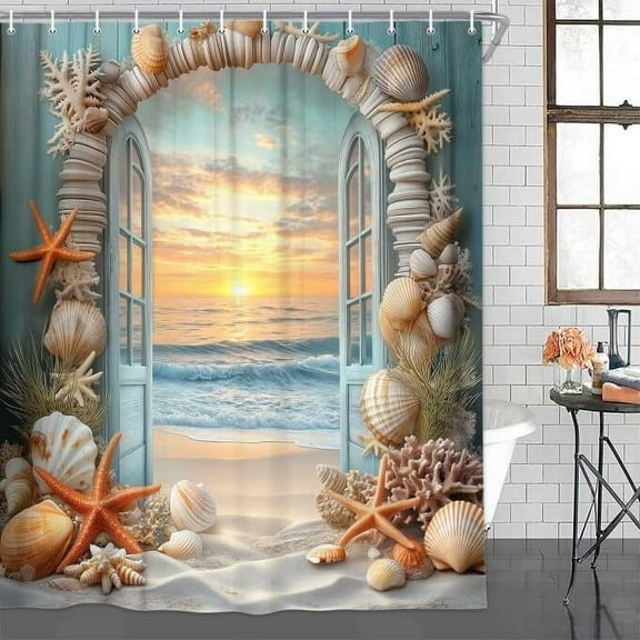 Beach Ocean Coastal Shower Curtain, Seaside Ocean Shower Curtain Set Ocean Starfish Shell Shower Curtain, Summer Ocean Shower Curtain Waterproof Seaside Sunrise Bath Curtain,36X72