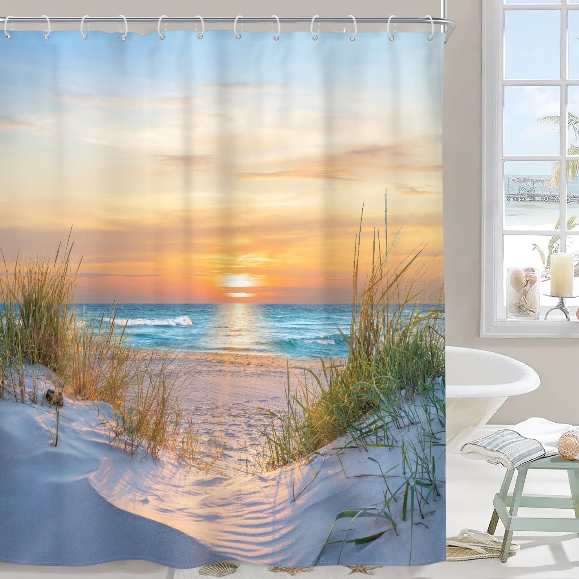 Beach Ocean Coastal Shower Curtain Seaside Seashore Sunset Sunrise Scenery Hawaii Landscape Tropical Sand Summer 72Wx72H Inch Nature Fabric Decor Bathroom Polyester Waterproof 12 Pack Hooks