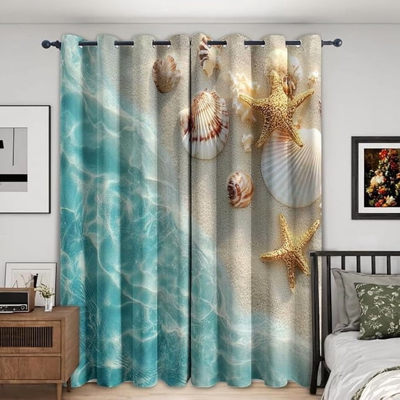 Beach Ocean Curtains for Living Room, Coastal Seashell Starfish Blackout Curtains, Beach Ocean Room Decor, Thermal Darkening Bedroom Window Drapes, Grommets 42"W x 96"L (Pack of 2)