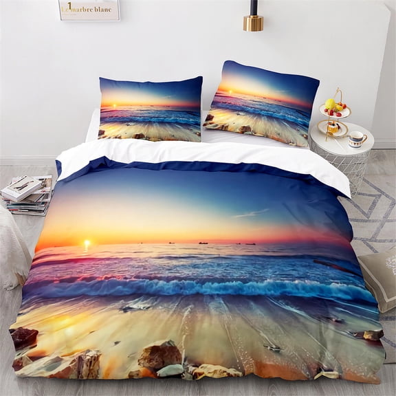 Beach Ocean Duvet Cover Set Sunset Hawaiian Waves Comforter Cover Tropical Island and Sea Beach Nature Polyester Bedding Set