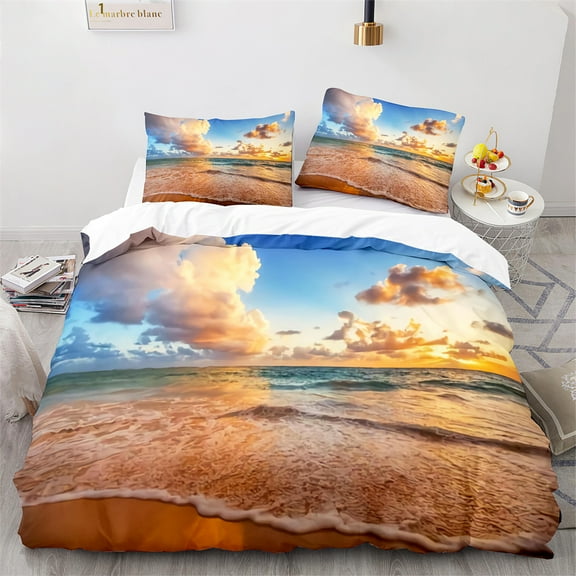 Beach Ocean Duvet Cover Sunset Hawaiian Waves Tropical Island and Sea Beach Nature Polyester for Bedroom rations Women Kids