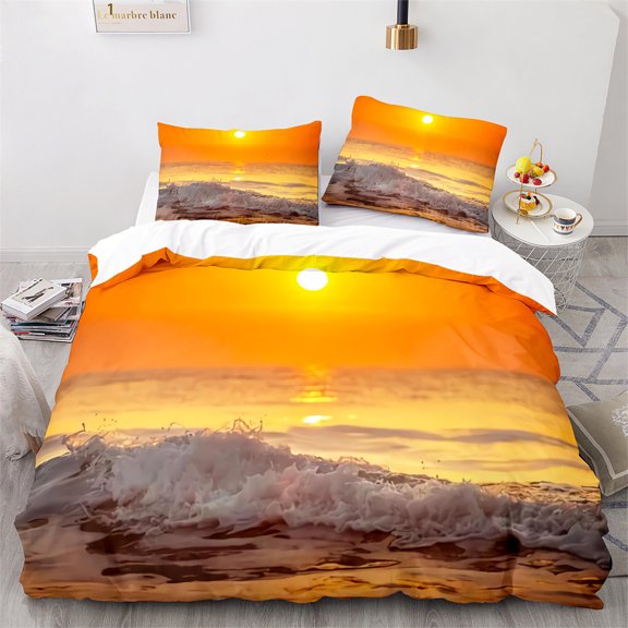 Beach Ocean Duvet Cover Sunset Hawaiian Waves Tropical Island and Sea Beach Nature Polyester for Bedroom rations Women Kids