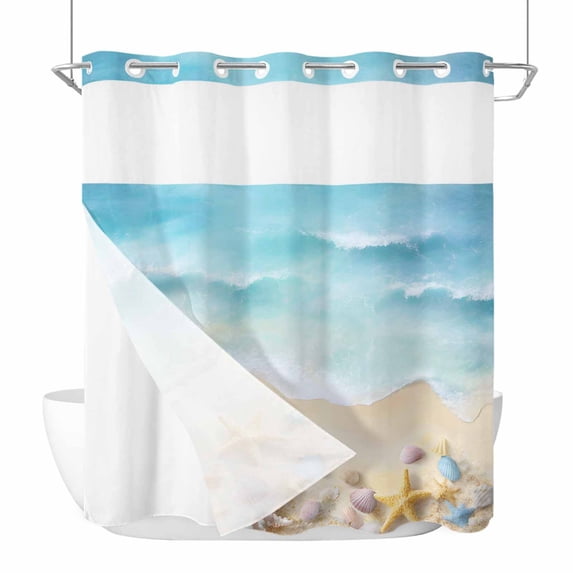 Beach Ocean No Hook Shower Curtain with Snap in Liner Abstract Gradient Teal Ocean Colorful Sea Star Shells Waterproof Bathroom Shower Curtain with See Through Top Window for Bathtub 72" x 72"
