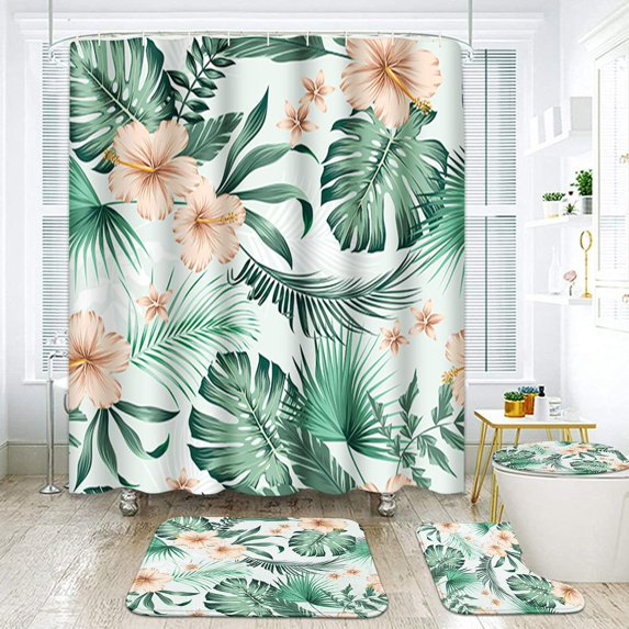 Beach Ocean Palm Bathroom Set with Shower Curtain and Rugs Accessories, Tropical Coast Sea Island Shower Curtain for Bathroom, Blue Summer Landscape Bathroom Decor 4 Pcs