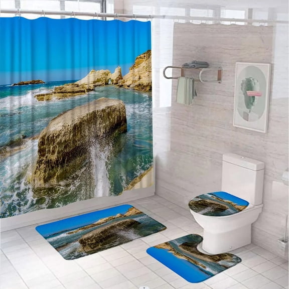 Beach Ocean Palm Tree Bathroom Sets Shower Curtain Rug Bath Mats Toilet Covers Tropical Sea Coast Hawaiian Scenery Bath Curtains