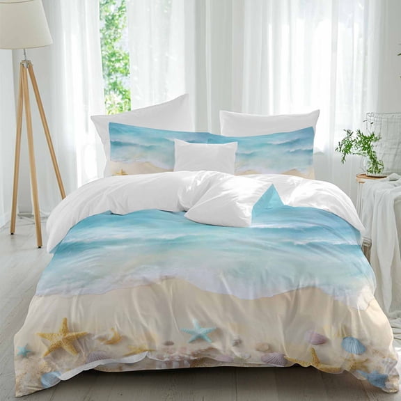 Beach Ocean Queen Size Comforter Set, Abstract Gradient Teal Ocean Colorful Sea Star Shells Bedding for All Seasons, 4 Pcs Bed Set, 1Quiltcover (90"x92") ,1Sheet(94"x116"), 2Pillowcases (30"x20")