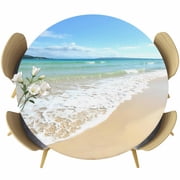 Beach Ocean Round Tablecloth, Fitted Table Cover with Elastic for 45"-54" Round Tables, Nature Sand Sky Cloudy Sea Waves Landscape Table Cloth Outdoor Indoor Dinning Party Waterproof Tablecloths