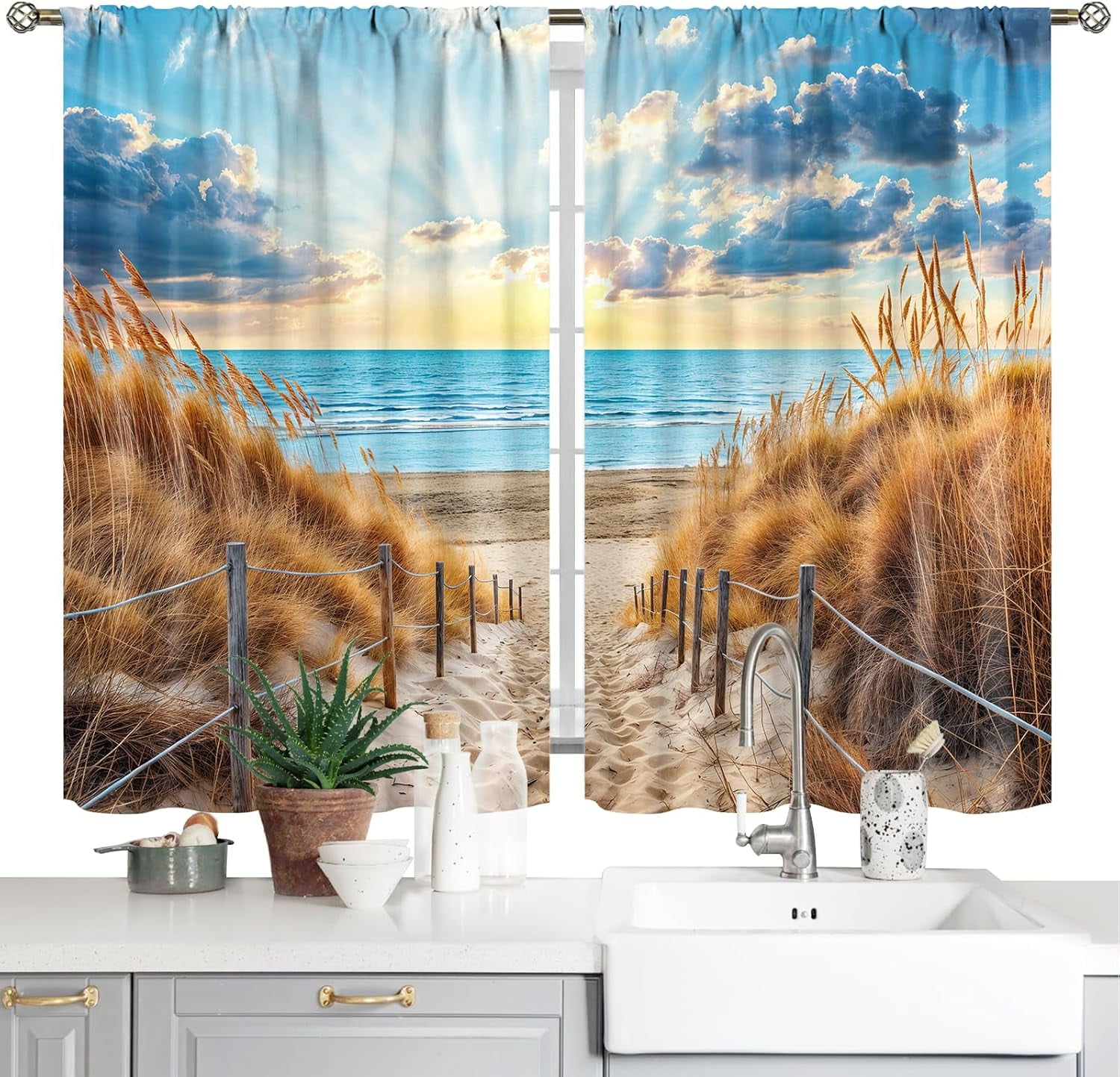Beach Ocean Sea Theme Kitchen Curtains Nautical Coastal Small Short ...