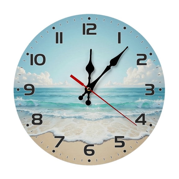 Beach Ocean Sea Wall Clock 10 Inch Silent Non Ticking Round Wooden Clock Decoration for Living Room Kitchen Bedroom Bathroom Office Classroom