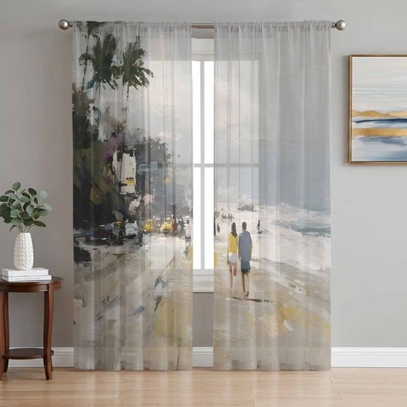 Beach Ocean Sheer Curtains 96 Inch Length 2 Panels Set, Coastal Seaside Tree Sea Waves Painting Voile Window Treatment Semi Sheer Long Curtains Drapes for Bedroom/Living Room/Kitchen 52"x96"x2