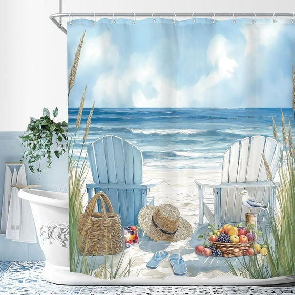 Beach Ocean Shower Curtain 72"W x 72"L Beachy Sea Hawaii Scene Seashore Summer Coastal Landscape Seaside Seascape Fabric Waterproof Polyester with 12 Pack Hooks Plastic