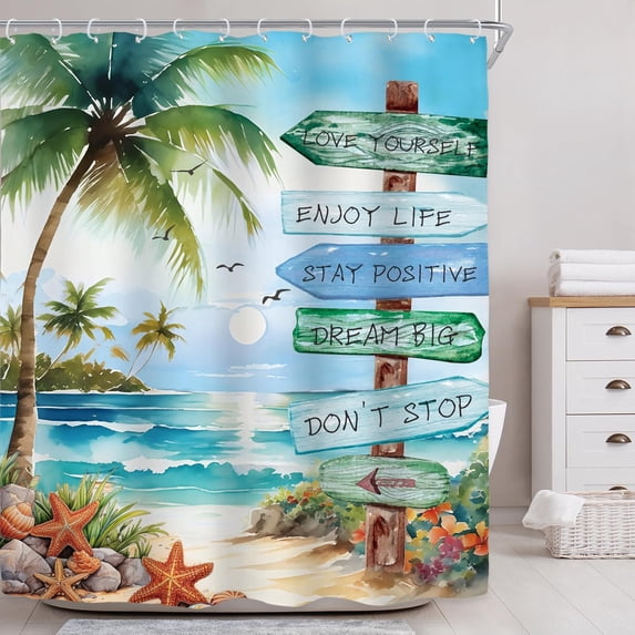 Beach Ocean Shower Curtain for Bathroom Decor 84Wx72H Coastal Nautical Positive Quotes Seaside Tropical Palm Tree Teal Blue Art Printed Fabric Polyester Waterproof 12 Pack Plastic Hook