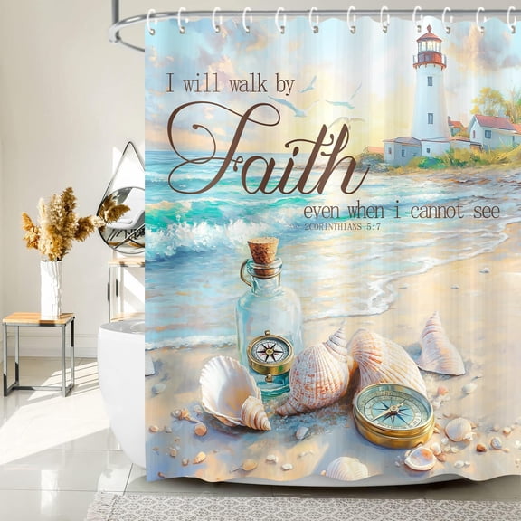 Beach Ocean Shower Curtain, Bible Verse Quotes Inspirational Bath Curtains, Nautical Coastal Christian Scripture Starfish Seashells Fabric Decor Shower Curtains for Bathroom Sets with 12 Hooks, 72X72