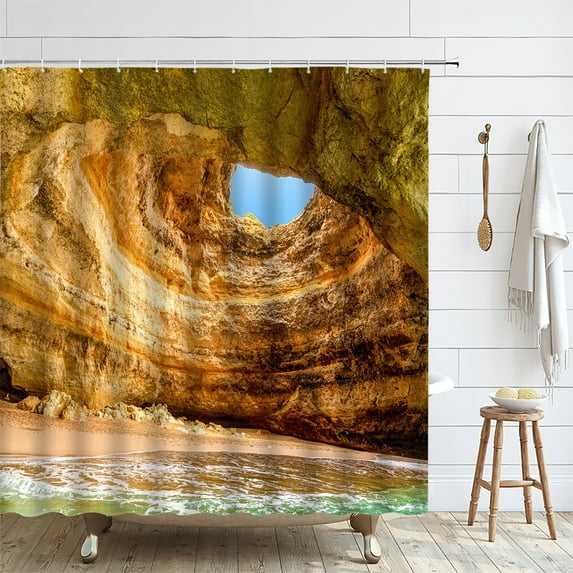 Beach Ocean Shower Curtain Sea Palm Leaves Waves Scenery Fabric Bath Curtains Bathroom Dec