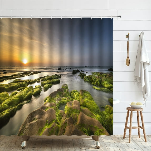 Beach Ocean Shower Curtain Sea Palm Leaves Waves Scenery Fabric Bath Curtains Bathroom Dec