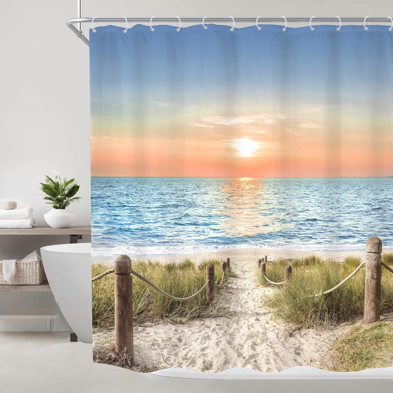 Beach Ocean Shower Curtain Sunrise Sunset View Scene Hawaii Seashore Summer Coastal Seaside Seascape Plant Women Men Fabric Waterproof Polyester with Hooks Plastic 72"W x 78"L (Pack of 1)