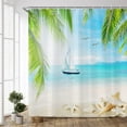 thumbnail image 1 of Beach Ocean Shower Curtain - Tropical Palm Tree, Starfish Seashell Conch, Summer Island Hawaiian Seaside Scenery View, Polyester Fabric Set with Hooks, 70Wx70H Inch, Ideal for Coastal Bathrooms, 1 of 6