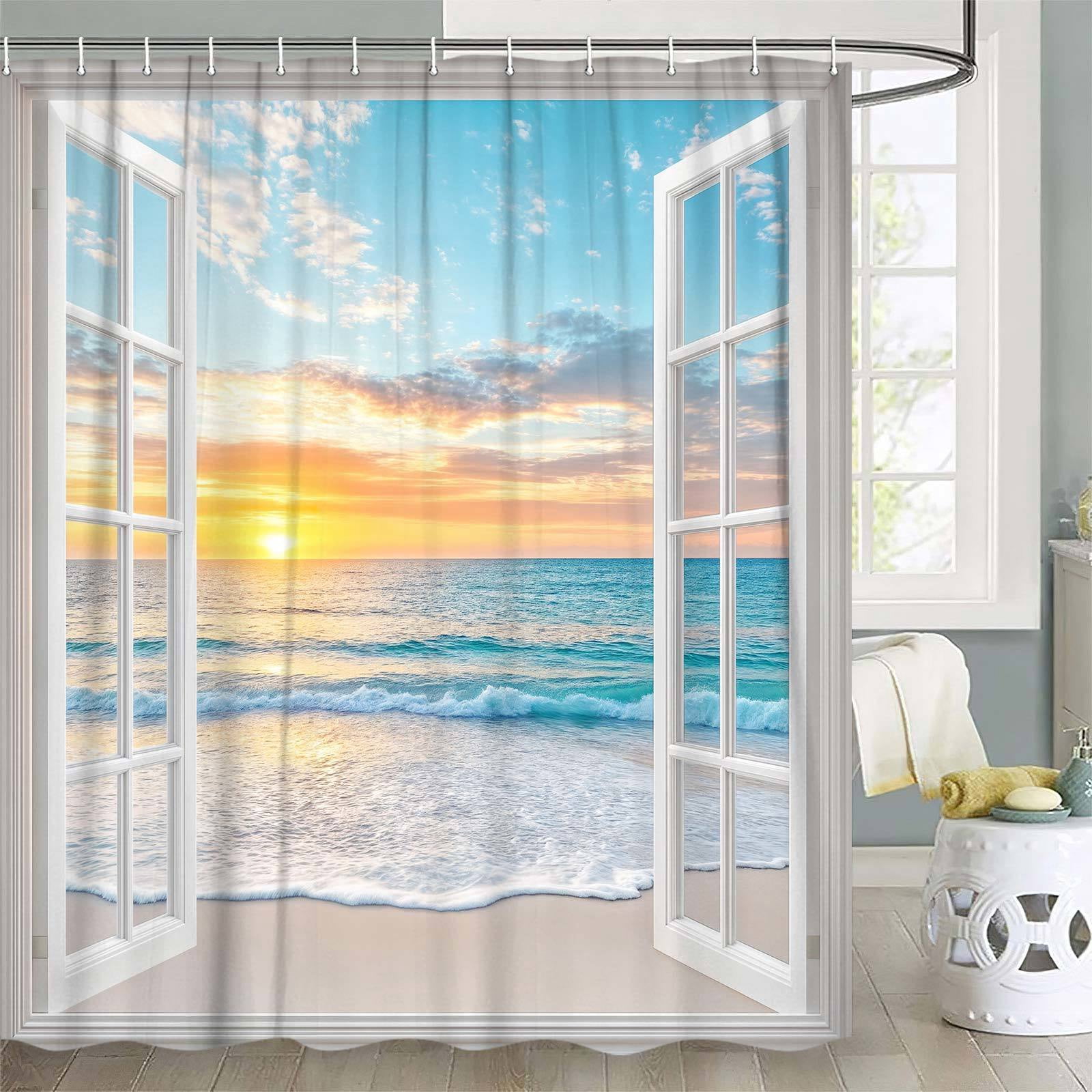 Beach Ocean Shower Curtain, White Door Windows Summer Bathroom Curtain Set, Hawaiian Sunrise Scenery Sea Wave Printed Bathroom Decor Fabric Polyester Waterproof 12 Pack Hooks,60X70in