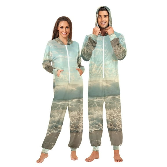 Beach Ocean Sky Adult Onesie Pajamas Slim Fit Christmas One Piece Suit Pjs for Women and Men Hooded Zipper