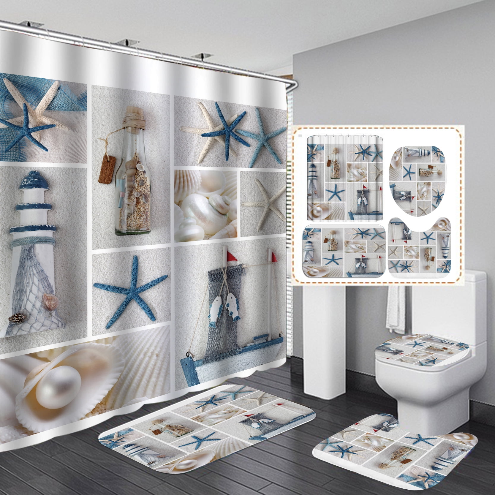 Beach Ocean Starfish Bathroom Set with Shower Curtain and Rugs ...