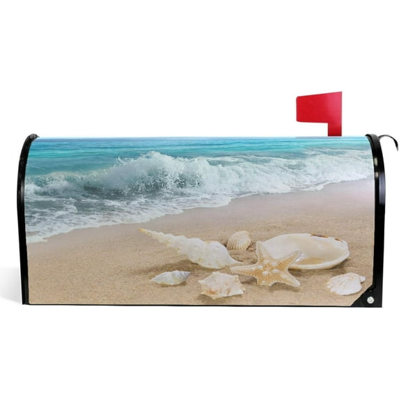 Beach Ocean Starfish Mailbox Cover Seashell Sea Summer Mailbox Covers Magnetic Blue Sky Mailbox Wraps Post Letter Box Cover Garden Decorations Standard Size 18" X 21"