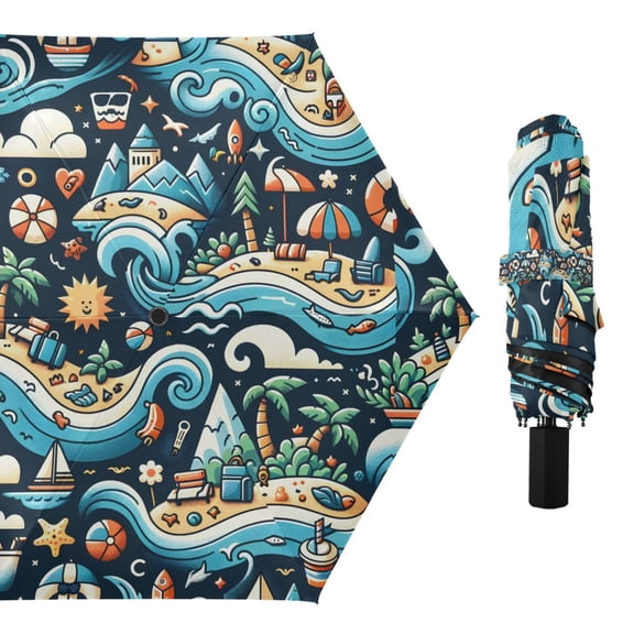 Beach Ocean Sun Cloud Compact Sun Umbrella Windproof Travel Umbrellas for Rain Strong Portable UV Protection