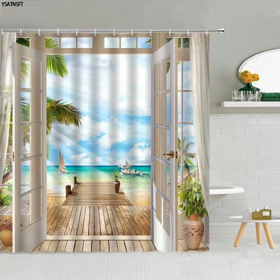 Beach Ocean Sunset Landscape Shower Curtain Starfish Shell Trestle Forest Flower Fabric Bathroom Supplies Hanging Curtains Decor