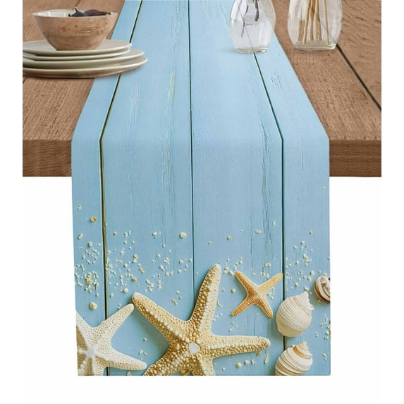 Beach Ocean Table Runner Cotton Linen 72 Inch Holiday Dresser Scarves, Coastal Starfish Shell Blue Wood Grain Tablerunner for Kitchen Coffee Dining Bedroom Living Room Dinner Scarf Décor 13''x72''