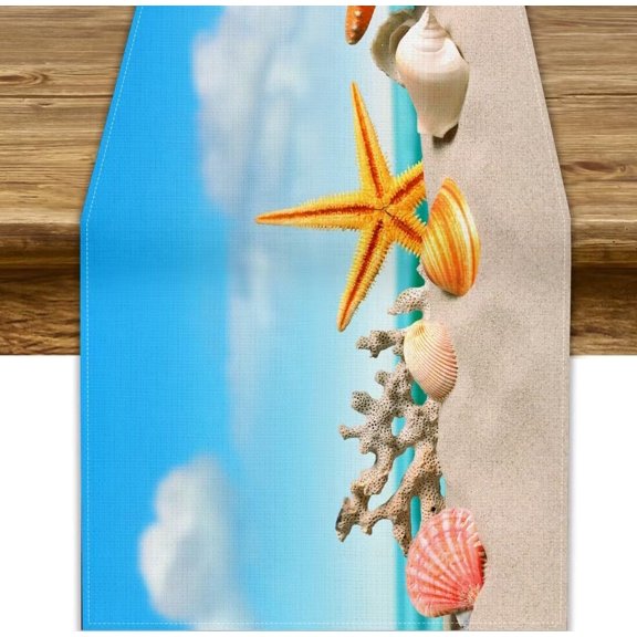 Beach Ocean Table Runner, Summer Seashells Starfish Conch Blue Sky Ocean Natural Resort Landscape Print Table Runner for Dinning Holiday Home Picnic Party 13x36 Inch