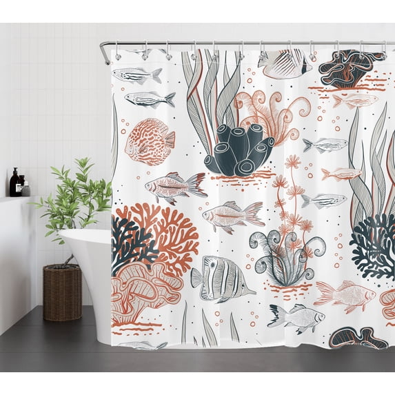 Beach Ocean Theme Shower Curtain, Nautical Coastal Tropical Fish Ocean Animal Shower Curtains for Bathroom Decoration, Fun Turquoise Gray Restroom Accessories with 12 Hooks 72X72 Inches