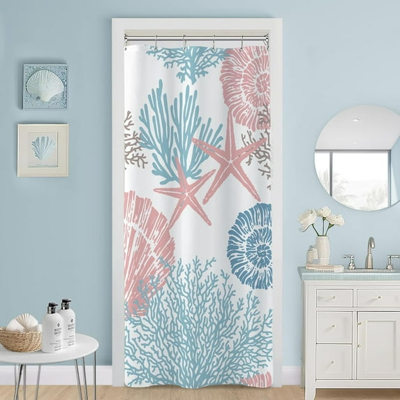 Beach Ocean Themed Shower Curtain, Cute Nautical Coastal Shower Curtain for Bathroom Decor, Summer Tropical Seashell Starfish Coral Fabric Shower Curtain Set with Hooks, Teal Blue, 72x72
