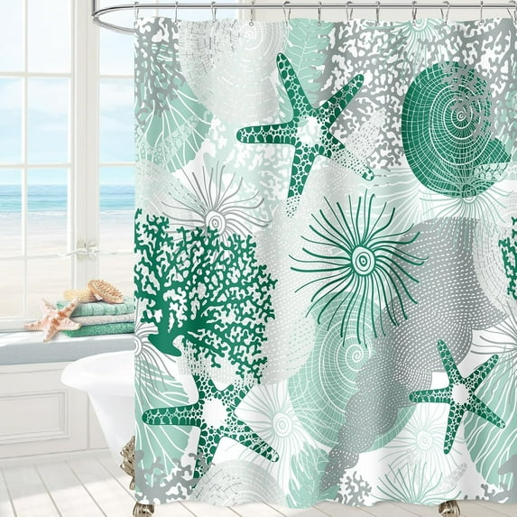 Beach Ocean Themed Shower Curtain, Mint Green Cute Nautical Coastal Shower Curtains for Bathroom Decor, Summer Tropical Seashell Starfish Coral Fabric Shower Curtain Set with Hooks, 72x72