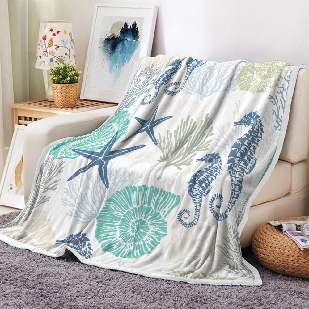 Beach Ocean Throw Blanket, Nautical Coastal Throw Blanket, Summer Blue and Teal Soft Fuzzy Blanket, Ocean Animal Theme Decor for Couch Bed Sofa Travelling Camping 60X80IN