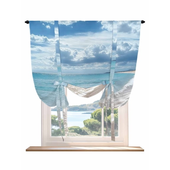 Beach Ocean Tie Up Curtains for Windows 45 Inch Length Balloon Curtains Kitchen Adjustable Balloon Window Shade Summer Seaside Sea Waves Blue Sky Cloudy Tie Up Valance Bathroom Curtain Window 34"x45"