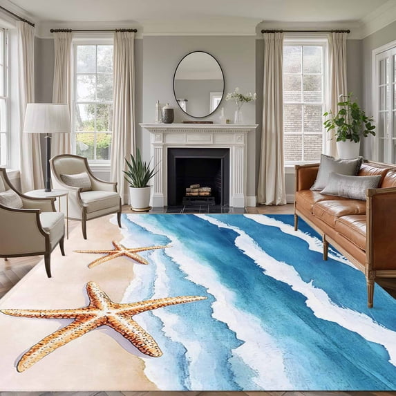 Beach Ocean Washable Living Room Rugs 5'x8', Blue Waves Starfish Abstract Low Pile Throw Large Area Rug Non-Slip Sturdy Edge Binding Carpet for Living Room Kitchen Office