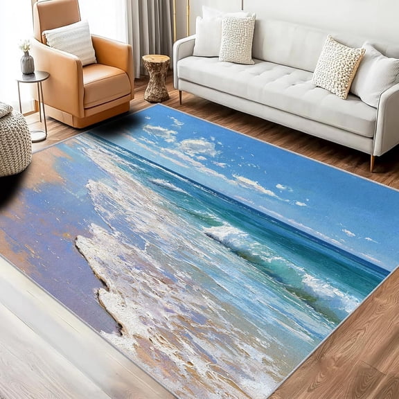 Beach Ocean Wave Area Rug, Coastal Design Carpet, Washable Non Slip Soft Low Pile, Living Room Bedroom Kitchen Office Mat 2x3ft
