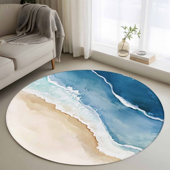 Beach Ocean Wave Round Area Rugs 3 ft, Blue Watercolor Painting Washable Small Area Rug with Non-Slip Sturdy Edge Binding Round Front Door Mat Floor Carpet for Entryway