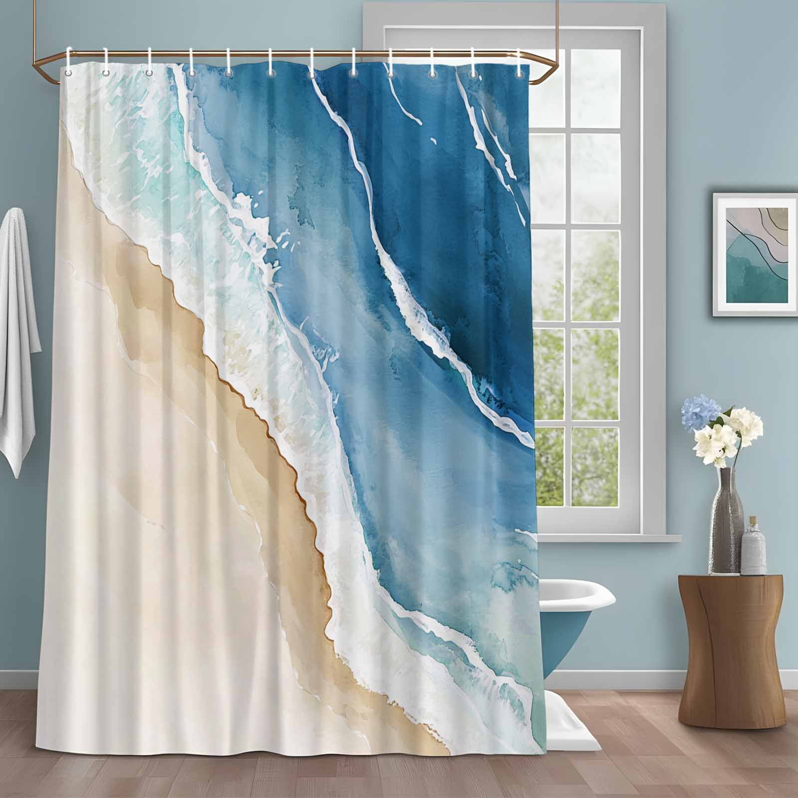 Beach Ocean Wave Shower Curtains for Bathroom, Blue Watercolor Painting