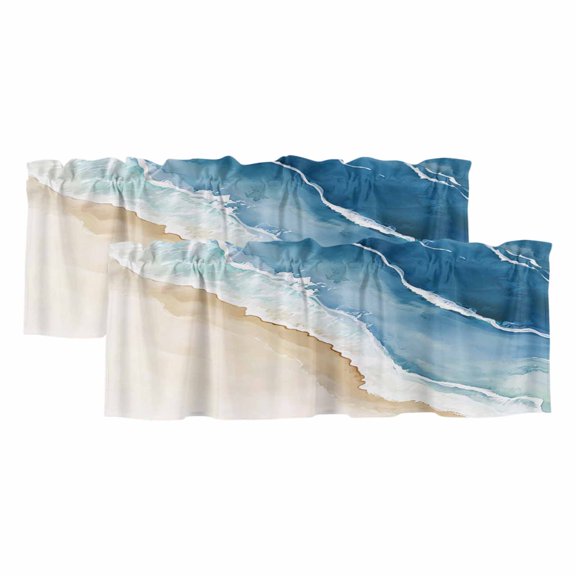 Beach Ocean Wave Window Valance, Blue Watercolor Painting 2 Pack Decorative Curtain for Small Windows, Light Filtering Valance with 3” Rod Pocket, 54"W x 18"L