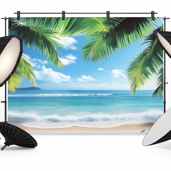 Beach Ocean Waves Backdrop for Photoshoot,Photography Photo Studio Background Wall Backdrop,Summer Tropical Palm Tree Leaves Back Drop Banner Panel for Portraits Wedding Party Live Streaming 10x8Ft