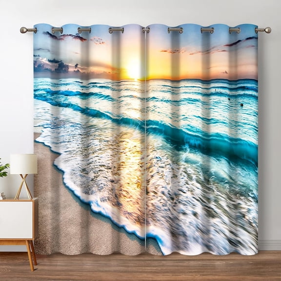Beach Ocean Waves Blackout Curtains Tropical Sea Sunrise Seaside Coastal Scenic Hawaiian Scenery Decor for Home Bedroom Living Room Darkening Grommet Window Drapes 2 Panel Set, 42"x63"