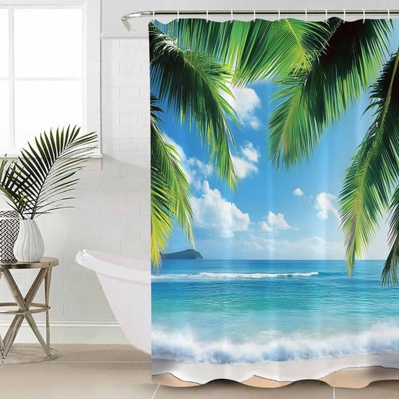 Beach Ocean Waves Extra Long Shower Curtain Set, Waterproof Shower Curtains for Bathroom, Summer Tropical Palm Tree Leaves Washable Fabric Cloth Bath Curtain for Bathtub with Hooks 72x96 Inches
